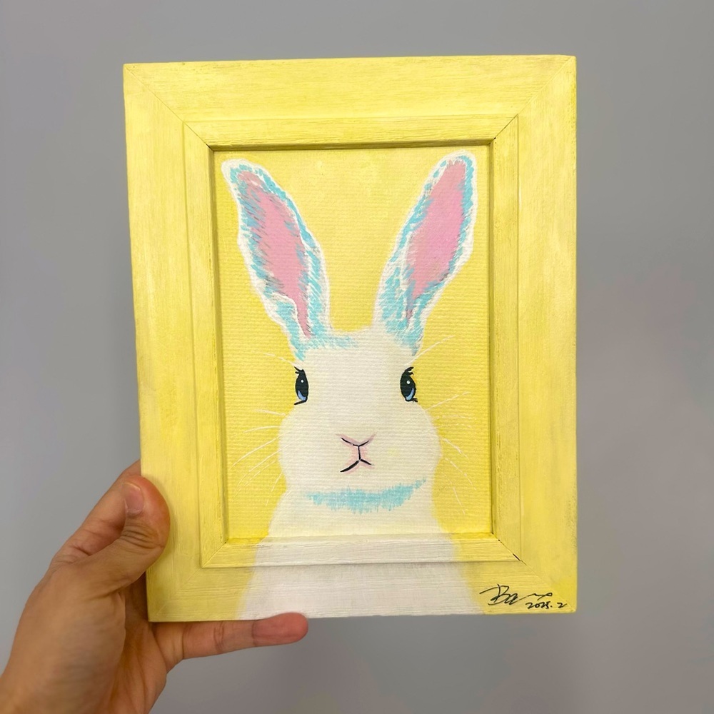 Hand Painted Bunny Wall Art, Acrylic Painting Rabbit on Wood Frame